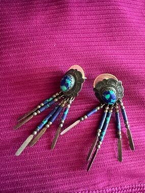 Turquoise and Navy Bead Fringe Drop Earrings
